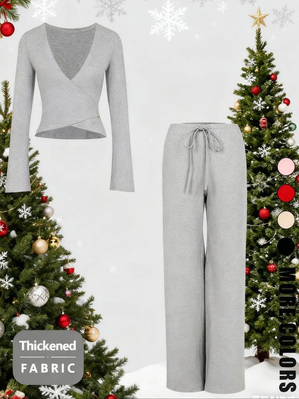 V Neck Sexy Top + Fashion Long Pants Christmas Holiday Atmosphere Set, Slim-Fitting, Plain Pattern, Spring & Fall Style
