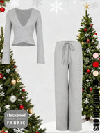 V Neck Sexy Top + Fashion Long Pants Christmas Holiday Atmosphere Set, Slim-Fitting, Plain Pattern, Spring & Fall Style