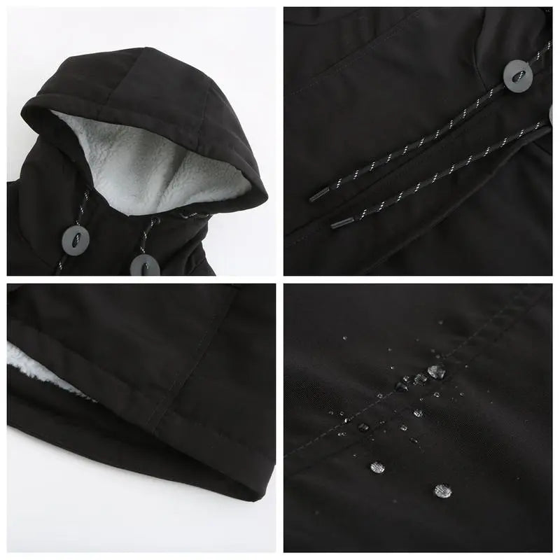 Winter Thickened Cotton Parka with Fleece Lining Hooded Warm Coat Mid-Length Women's Fitted Long Sleeve Outerwear Black Imitation Fur Tops for Casual Basic Minimalist Womenswear Elegance Style - Jackets