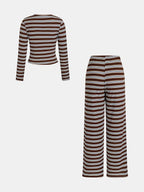 Women's Casual Colorblock Striped Long Sleeve Top & Loose-Fit Pants Set, Perfect for Holidays, Commuting, Daily Wear