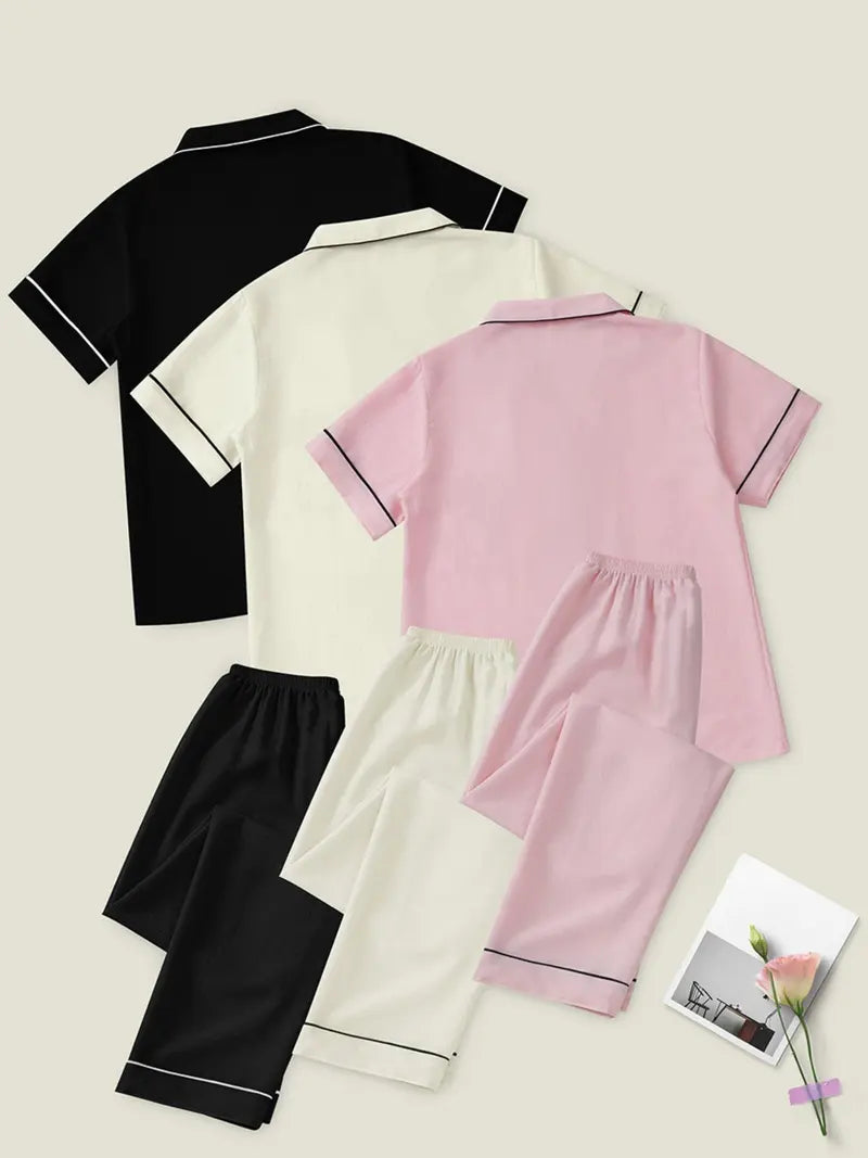 Women's Heart Embroidery Notch Collar Short-Sleeve Pocket Pajama Set, Casual Comfy Shirt & Shorts Sleepwear for All Seasons