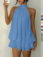Women's Simple Solid Backless Halter One-Piece Jumpsuit, Elegant Ruffle Design, Perfect for Casual Wear, All Seasons Fashion
