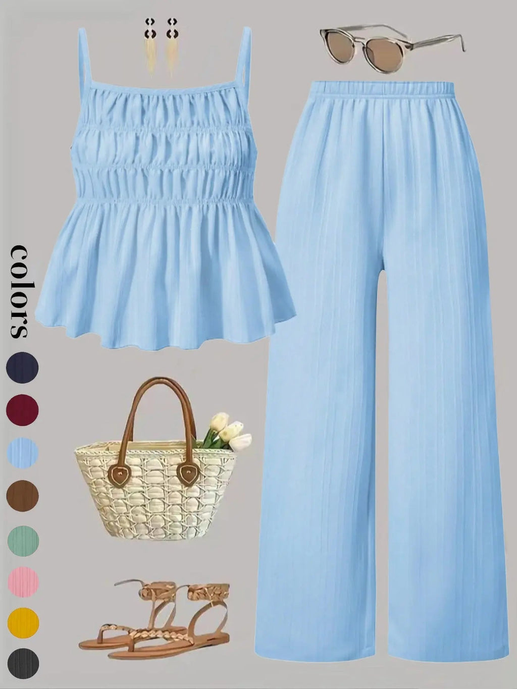 Two-Piece Set Women's Solid Color Cami Top & Wide Leg Pants Set