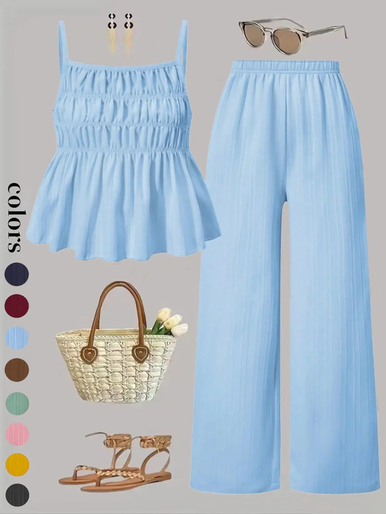 Two-Piece Set Women's Solid Color Cami Top & Wide Leg Pants Set