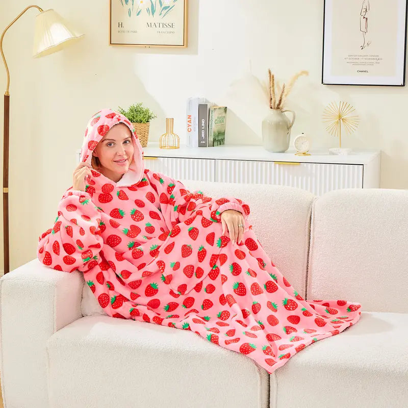 Wearable Blanket Hoodie Oversized Sherpa Fleece Hooded Sweatshirt Blanket with Sleeves,Cozy and Giant Blanket Hoodie Extra Long for Adults Women Winter Gift (Strawberry)