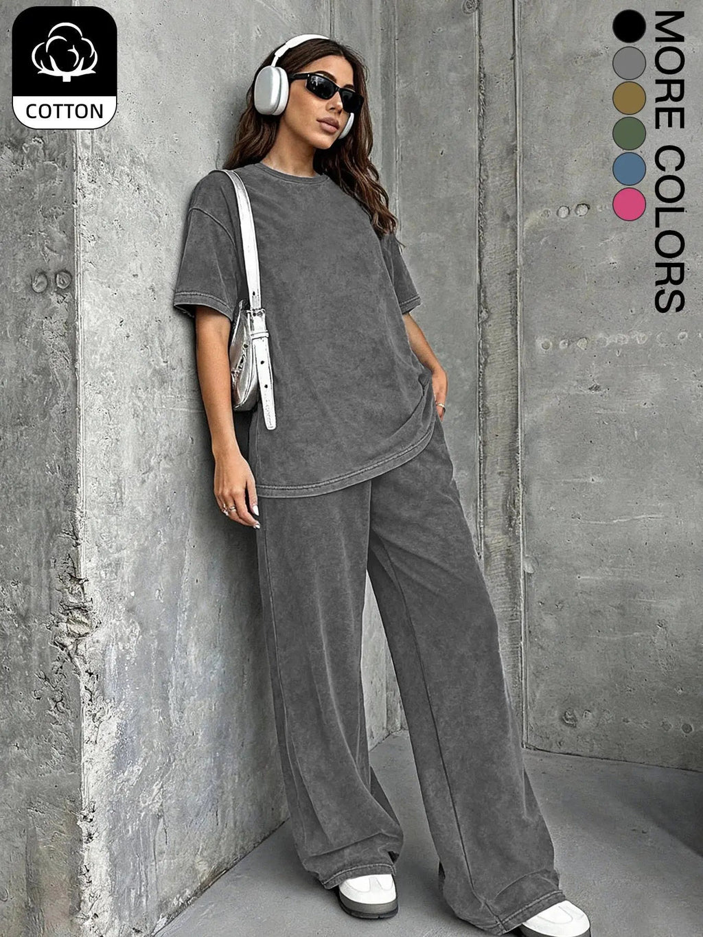 Women's Casual Loose Fit Acid Washed Cotton Short Sleeve T-Shirt and Long Pants Two-Piece Set, All Seasons, Plain Style