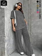 Women's Casual Loose Fit Acid Washed Cotton Short Sleeve T-Shirt and Long Pants Two-Piece Set, All Seasons, Plain Style