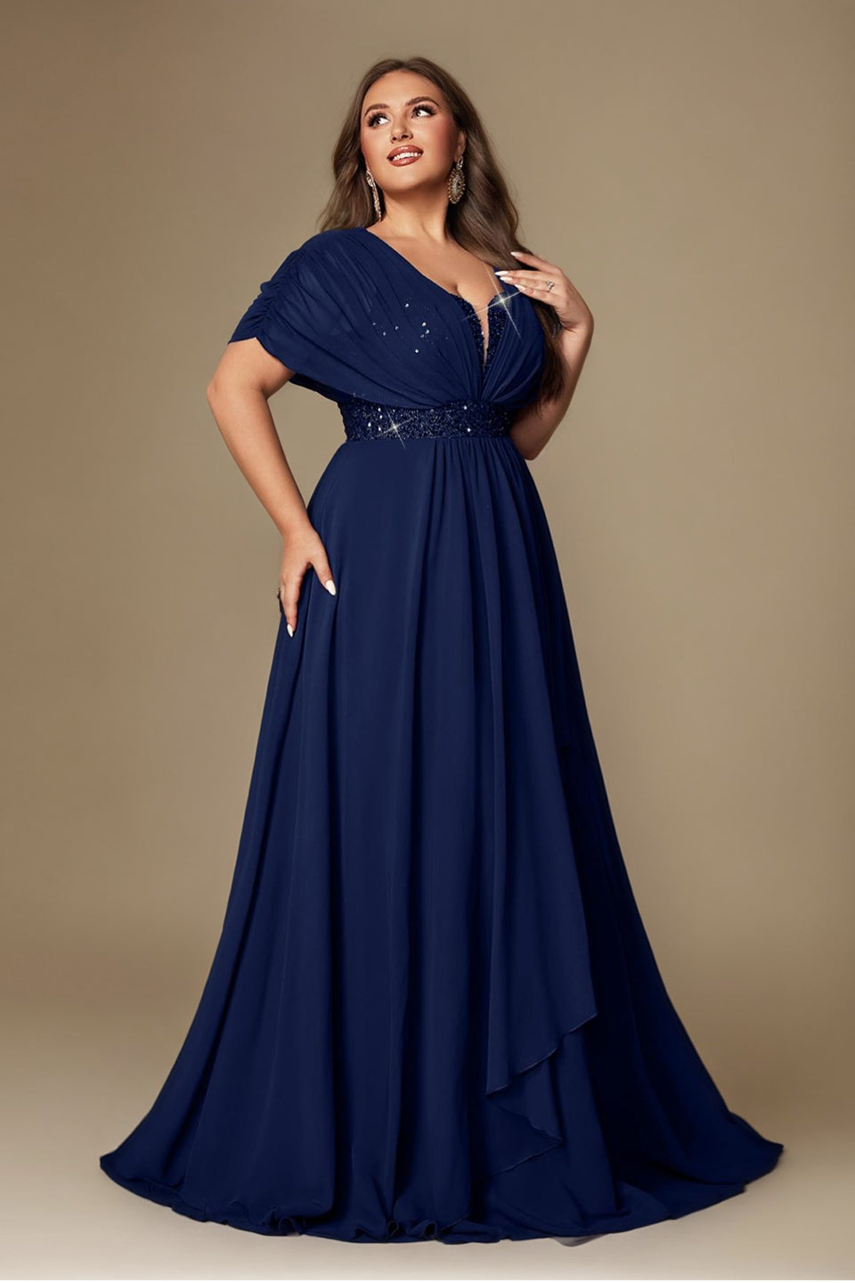 Curveins Plus Size V-Neck Short Sleeve Asymmetrical A-Line Maxi Dress