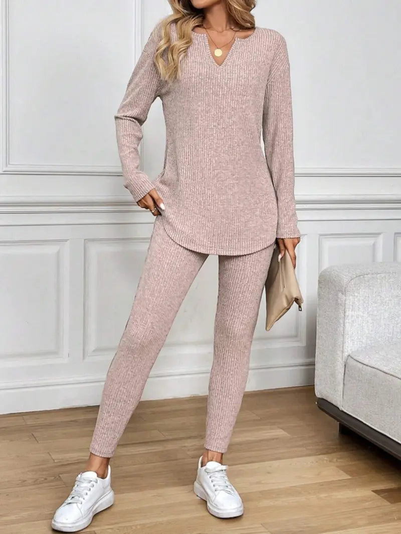 2pcs/Set Women's Casual  Plush Rib-Knit Long Sleeve T-Shirt And Leggings Suit, Autumn/Winter