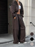 Women's Solid Zip Up Hooded Sweatshirt & Pocket Elastic Waist Pants Two-piece Set, Casual Drop Shoulder Long Sleeve Top & Trousers for Fall & Winter, Women's Clothes for Daily Wear