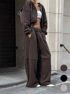 Women's Solid Zip Up Hooded Sweatshirt & Pocket Elastic Waist Pants Two-piece Set, Casual Drop Shoulder Long Sleeve Top & Trousers for Fall & Winter, Women's Clothes for Daily Wear