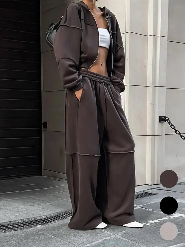 Women's Solid Zip Up Hooded Sweatshirt & Pocket Elastic Waist Pants Two-piece Set, Casual Drop Shoulder Long Sleeve Top & Trousers for Fall & Winter, Women's Clothes for Daily Wear