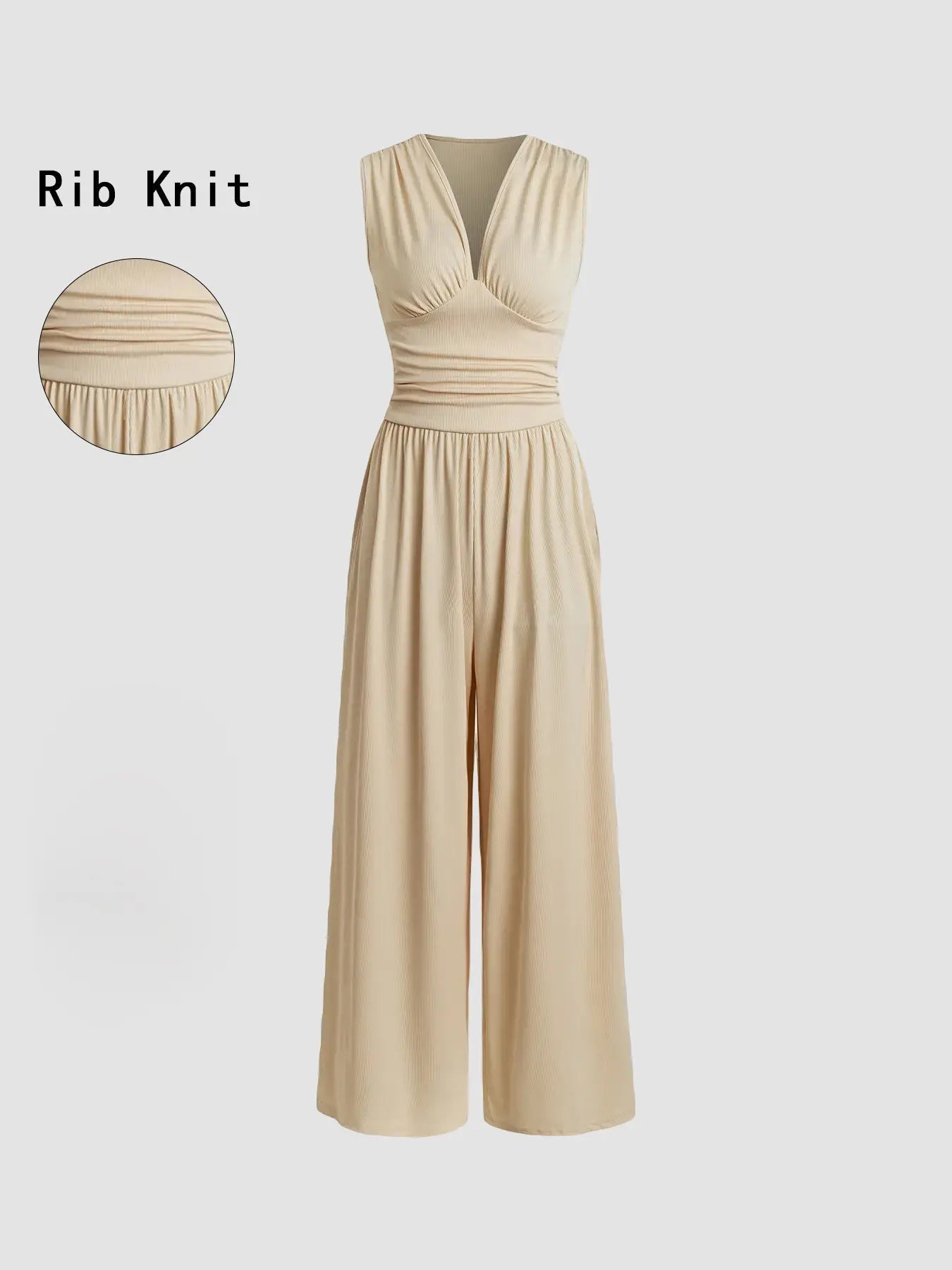 Women's Plain Ruched Deep V Neck Wide Leg Jumpsuit, Sleeveless Ribbed Jumpsuit for Daily Wear, Ladies Clothes for All Seasons, Casual Basic Jumpsuit, Casual Jumpsuits