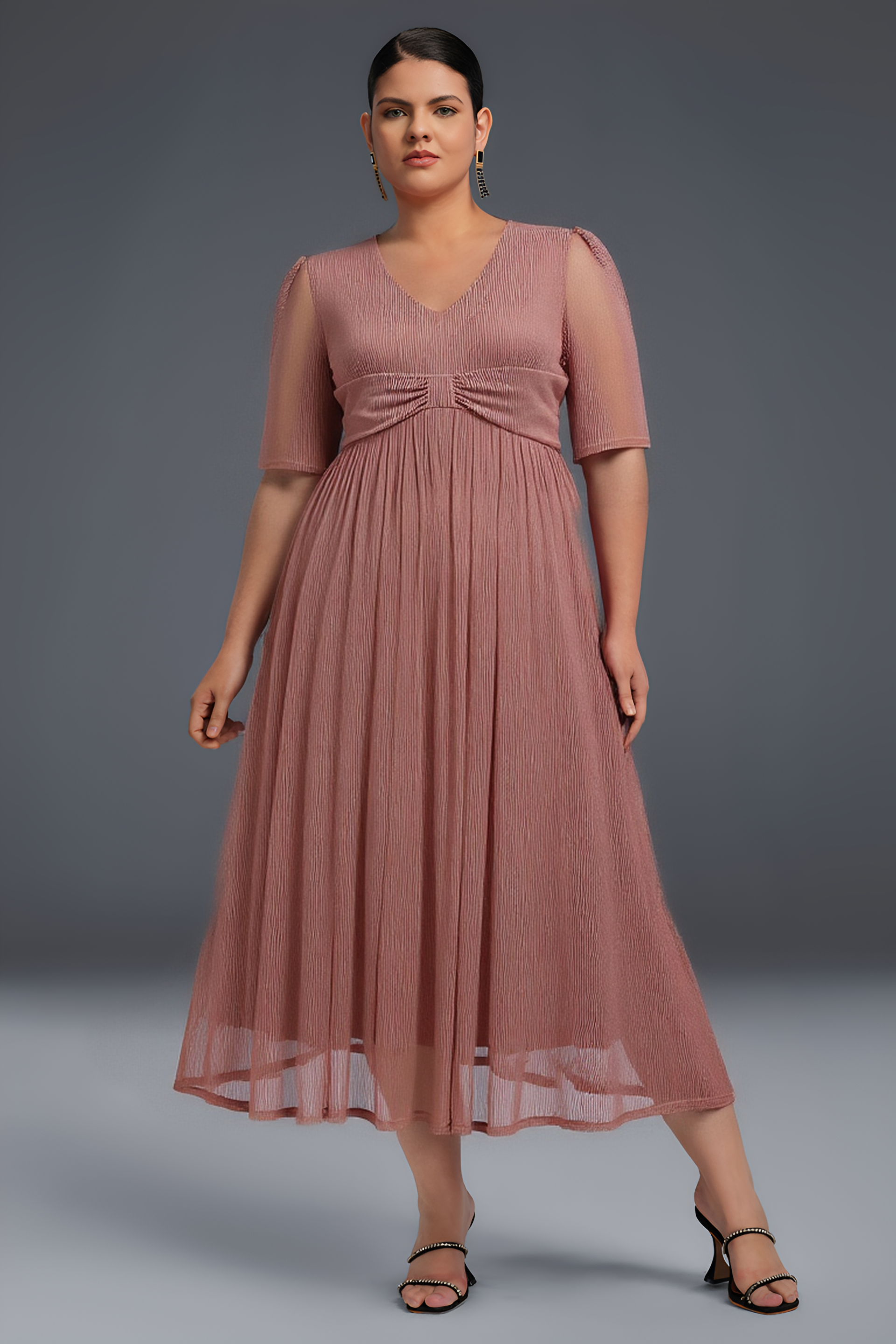 Curveins Plus Size V-Neck Short Sleeve Ruffle Hem Maxi Dress-Pink