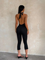 Women's Solid Color Halter Neck Capri Jumpsuit, Casual Comfy Breathable Sleeveless Jumpsuit for Summer, Ladies Clothes for Daily Wear