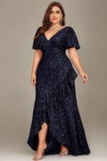 Curveins Plus Size V-Neck Short Sleeve Sequin Ruffle Slit Evening Gown