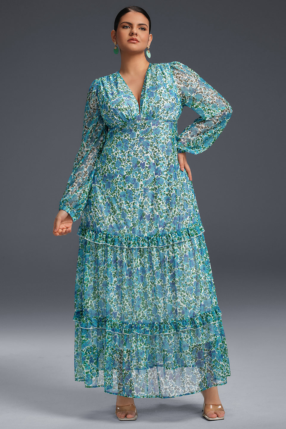 Curveins Plus Size Floral Print Lantern Sleeve Tiered Maxi Dress