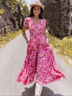 Women's Floral Print Button Front Shirred Bohemian Casual Wear Dress, Boho Pocket V Neck Short Sleeve A Line Dress, Women's Dress for Summer Beach Holiday Vacation, Casual Boho Chic