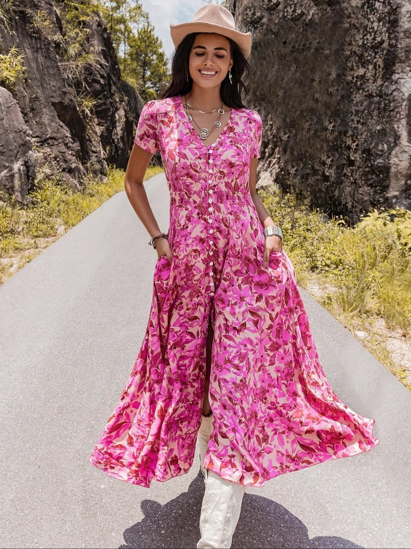 Women's Floral Print Button Front Shirred Bohemian Casual Wear Dress, Boho Pocket V Neck Short Sleeve A Line Dress, Women's Dress for Summer Beach Holiday Vacation, Casual Boho Chic