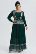 Curveins Plus Size Square Neck Long Sleeve Pleated Waist Maxi Dress