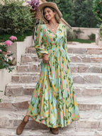 Women's Boho Style Long Sleeve Woven Paisley Print Dress, Fitted Waist Design, Comfortable, Casual & Stylish for All Seasons, Perfect for Beach