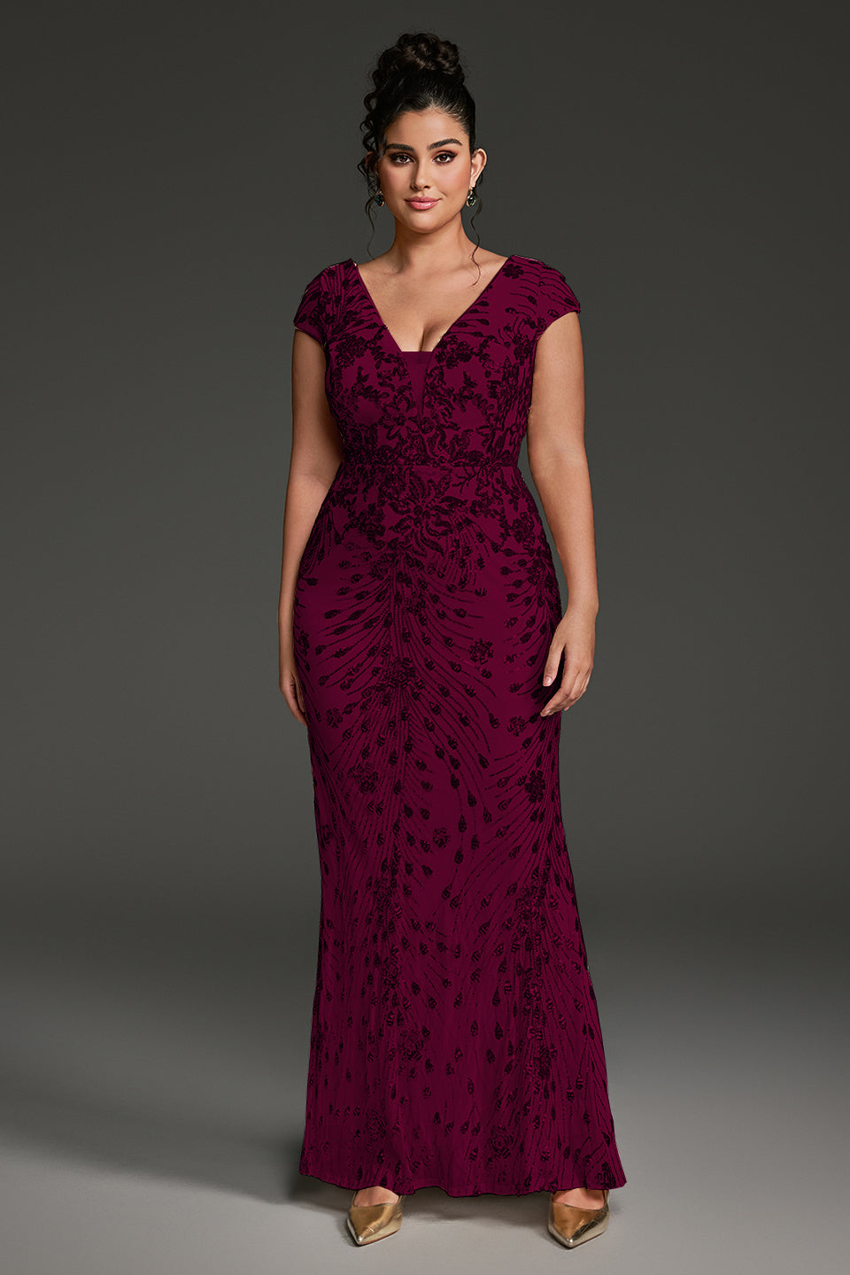 Curveins Plus Size V-neck and Waist Cinch Sequin Maxi Dress