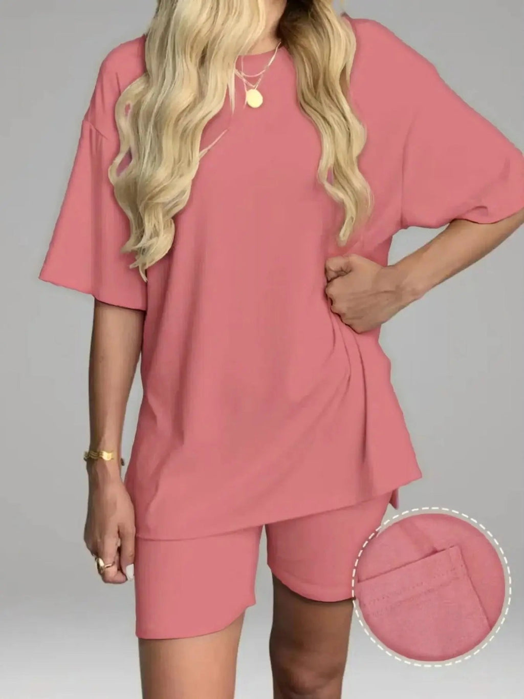 Women's Solid Color T-Shirt and Tight Shorts Set, Casual Summer Comfort Round Neck Sleepwear, Pocket Design, Outdoor Wear