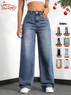 Women's Elastic Waist Pocket Button Denim Jeans, Casual Fashion Comfortable Pants for All Seasons, Perfect for Any Leisure Occasion, Denim Clothing