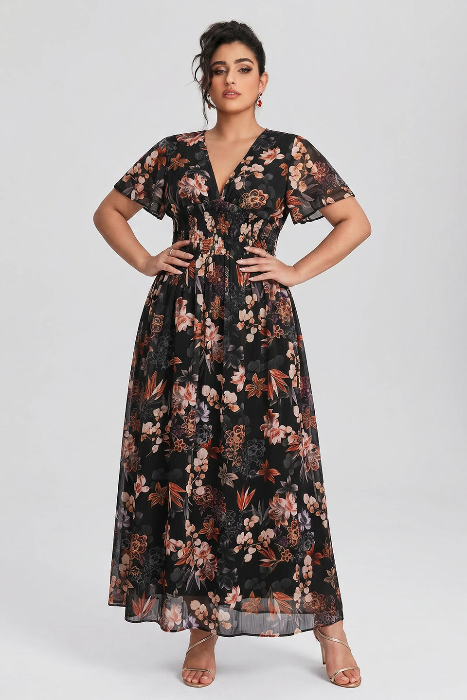 Curveins Plus Size V Neck Batwing Sleeve Floral Print Flowing Maxi Dress
