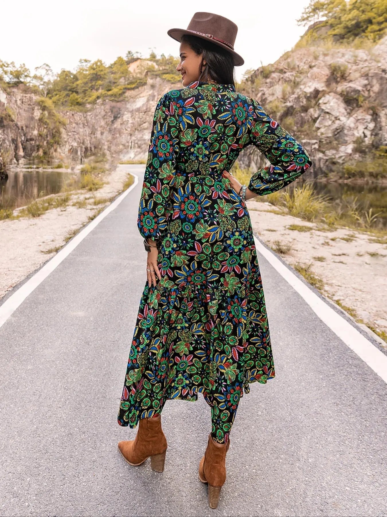 Women's Western Style Floral Print Embroidered Trim Bishop Long Sleeve Notched Neck A-line Long Vintage Dress, Dresses for Women