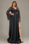 Curveins Plus Size Romantic Lace V Neck Flared Sleeve Slim Waist Split Hem Maxi Dress
