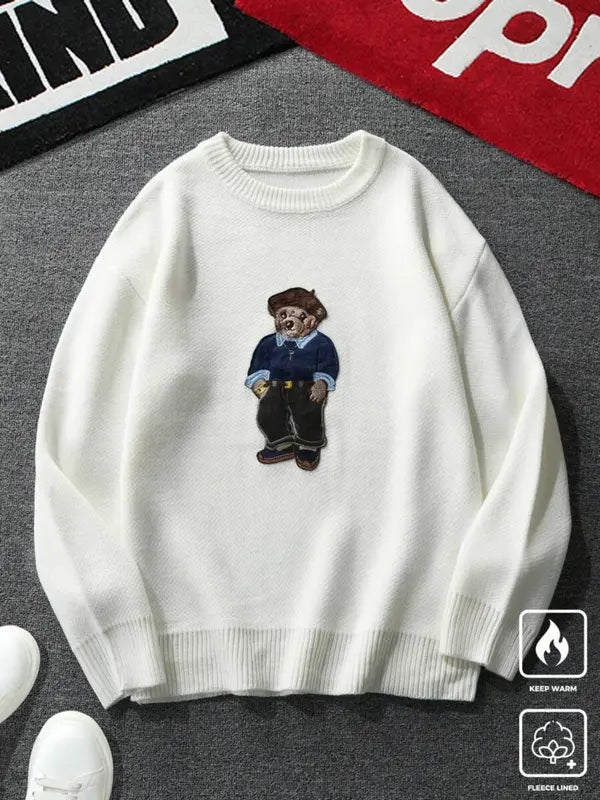 Unisex Cartoon Bear Print Crew Neck Sweater, Casual Loose Long Sleeve Jumper for Fall & Winter, Fashion Ladies' Knitwear for Daily Wear