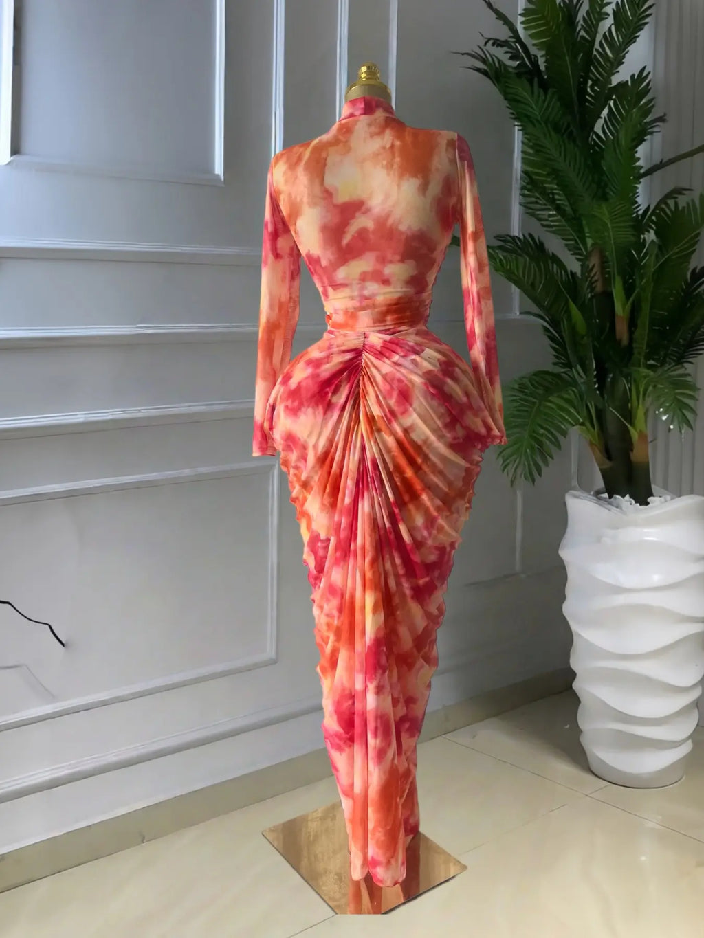 Women's Tie Dye Printed Two Piece Set Outfits, Wrap Long Sleeve Crop Top + Ruched Maxi Skirt