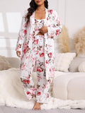 [Plus Size] Three-Piece Set Floral Print Belted Lounge Robe & Cami Top & Elastic Waist Pants Pyjama Set