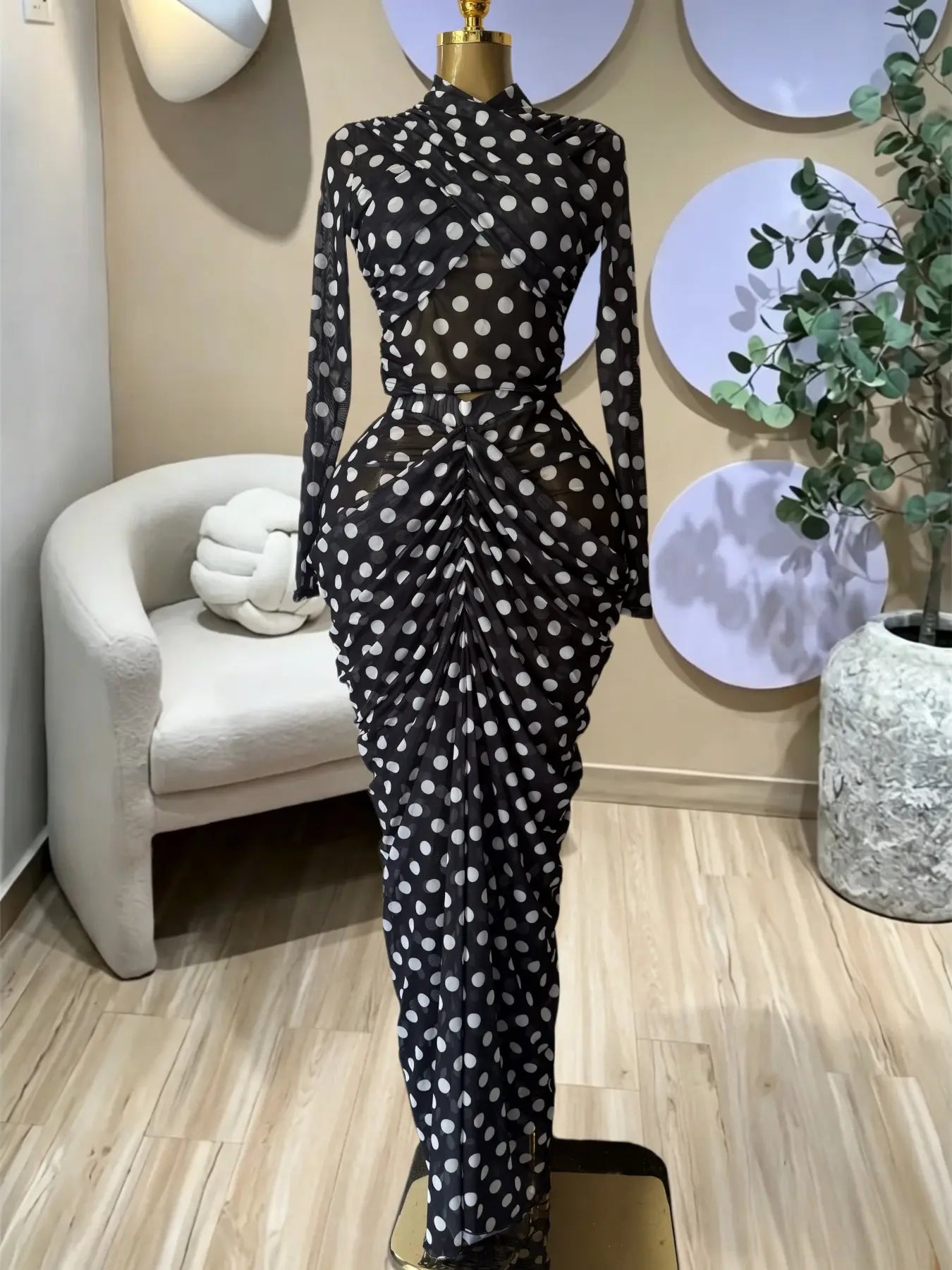 Women's Tie Dye Printed Two Piece Set Outfits, Wrap Long Sleeve Crop Top + Ruched Maxi Skirt