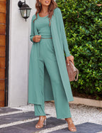 Women's 3 Piece Lounge Set Pajama Long Sleeve Cardigan Sleeveless Top Pants Sweatsuit