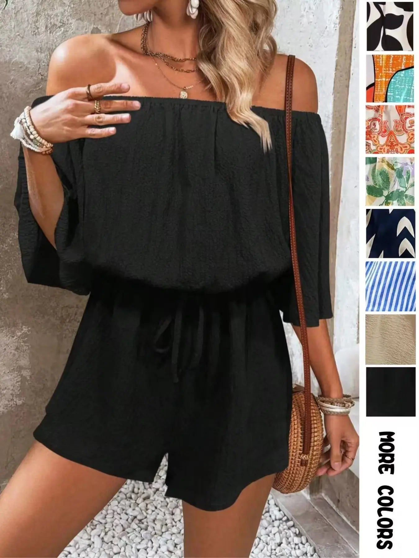 Women's Leaf Print Off Shoulder Tie Front Romper, Casual Flounce Sleeve Romper for Summer, Fashion Women's Clothing for Beach Holiday Vacation