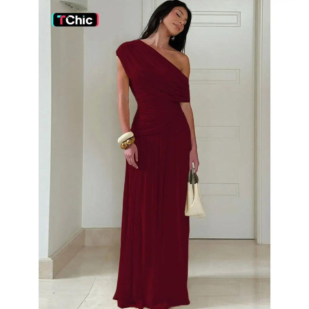 Women's Solid Color Ruched Dress, Elegant Dress Evening Party Gown, Ladies Summer Clothes, Asymmetrical Ruched Dress