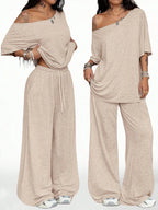 Women's Casual Solid Color Sport Two-Piece Set, Loose Long Pants & Wide Leg Slant Neck Pant Suit, Spring & Fall Fashion