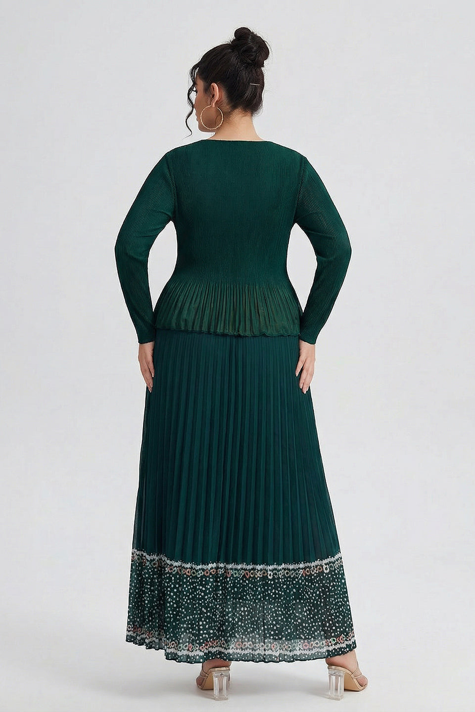 Curveins Plus Size Square Neck Long Sleeve Pleated Waist Maxi Dress