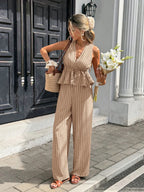 Women's Striped Two-Piece Set: Sleeveless Tie-Waist Top and Relaxed Long Pants — Vintage Bohemian Style, Commuter Outfit