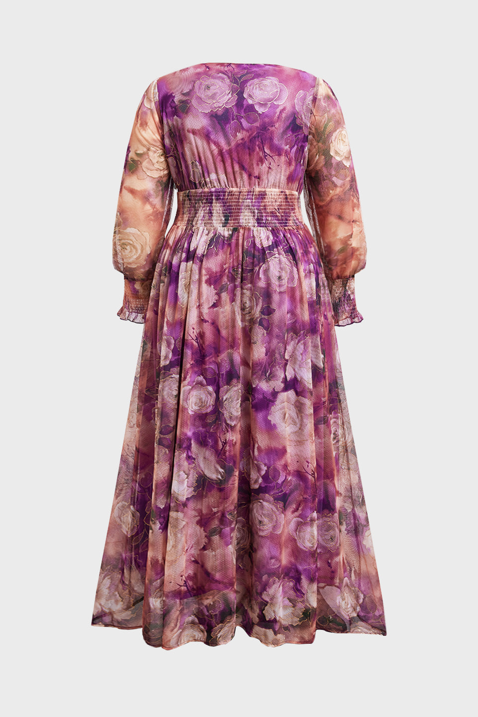 Curveins Plus Size V Neck Long Sleeve Floral Waist Maxi Dress