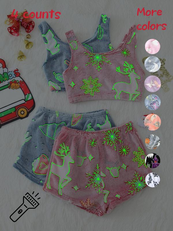 4 Counts/2 Set Women's Halloween Print Glow in The Dark Crop Tank Top & Elastic Waist Shorts Fluffy Pajamas, Casual Comfortable Loungewear for Women, Comfy Loungewear for Women, Women's Sleepwear for Fall, Fluffy Pajamas