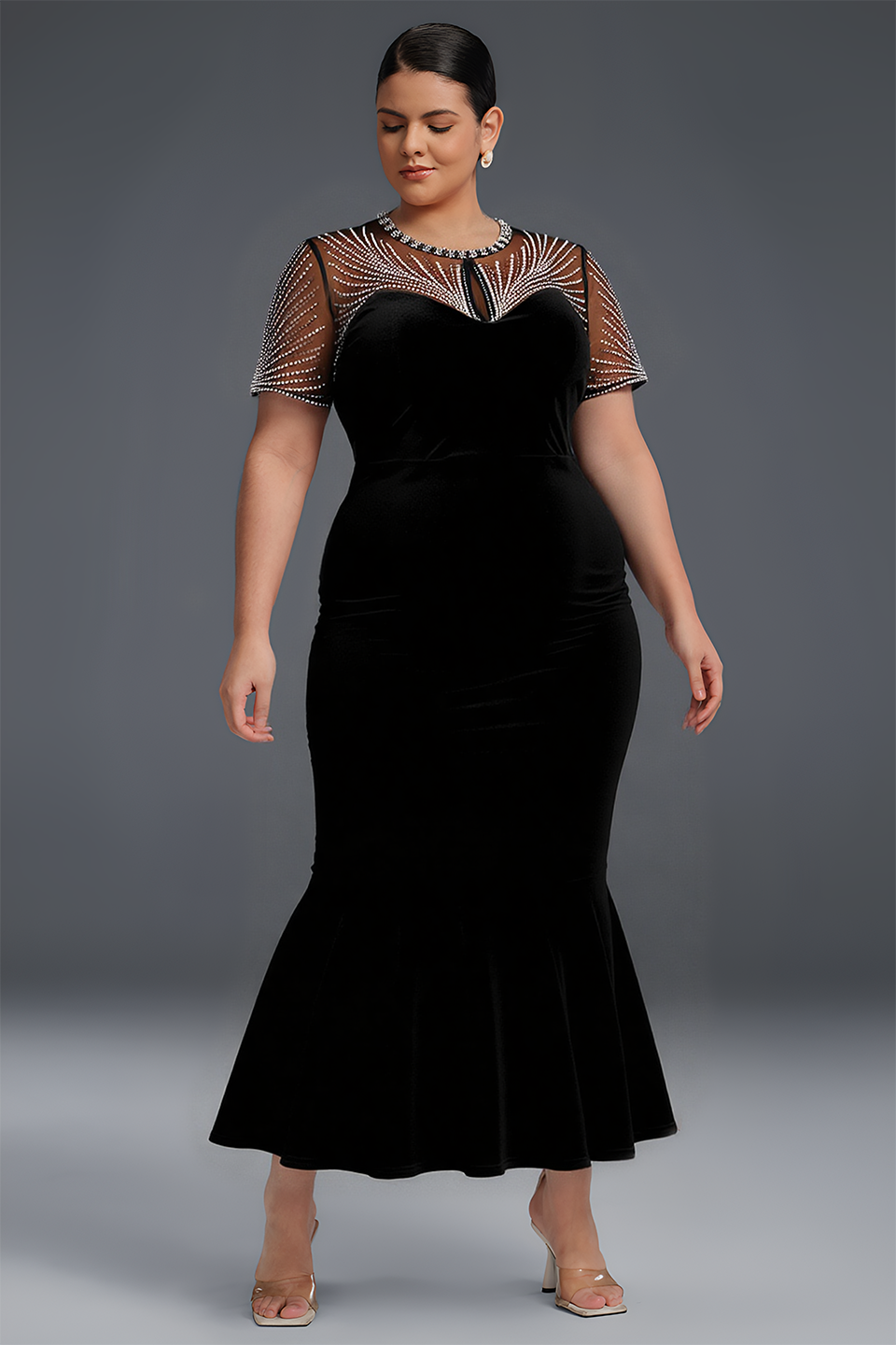 Curveins Plus Size Round Neck Sequin Mermaid Maxi Dress