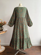 Plus Size Women's Floral Woven Dress, Fall Winter V Neck Tie Back Lace Trim Long Sleeve Maxi Dress, Casual Elegant Fashion