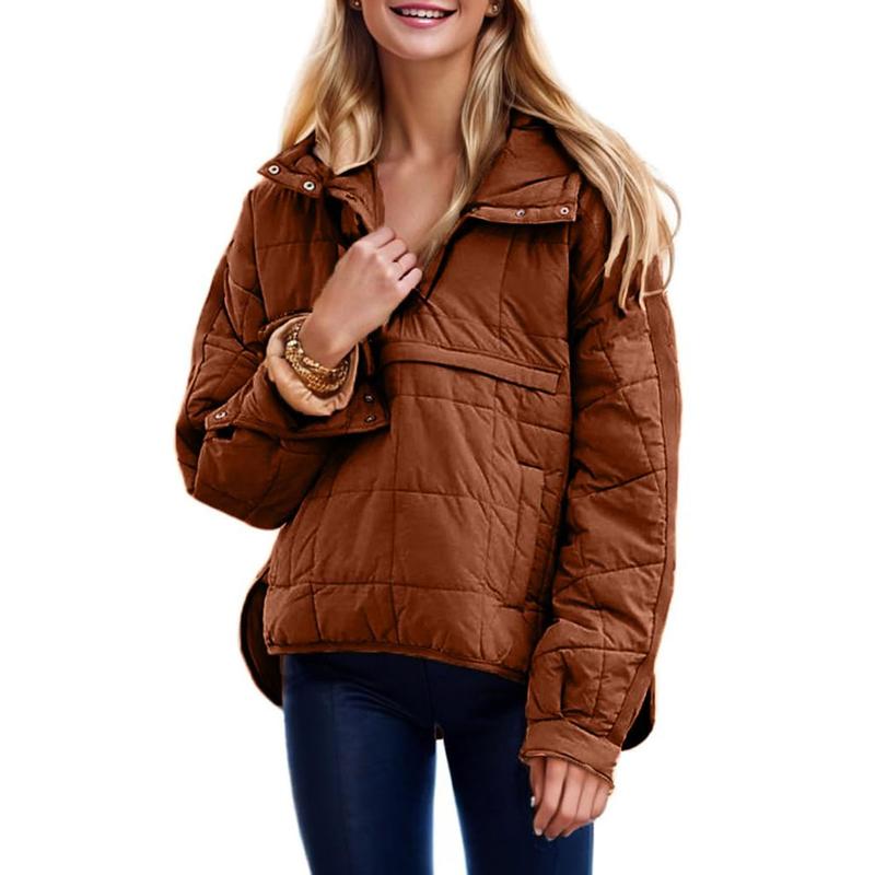 Women's Oversized Puffer Jacket Quilted Dolman Hoodies Pullover Long Sleeve Lightweight Warm Tops with Big Chest Pocket