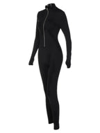 Women's Solid Zip Up Thumb Hole Design Bodysuit, Casual Long Sleeve Stand Collar Bodycon Bodysuit for Fall & Winter, Valentine's Day Gift for Girl, Women's Clothes for Daily Wear