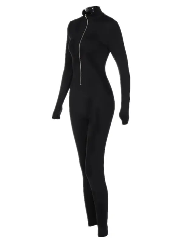 Women's Solid Zip Up Thumb Hole Design Bodysuit, Casual Long Sleeve Stand Collar Bodycon Bodysuit for Fall & Winter, Valentine's Day Gift for Girl, Women's Clothes for Daily Wear