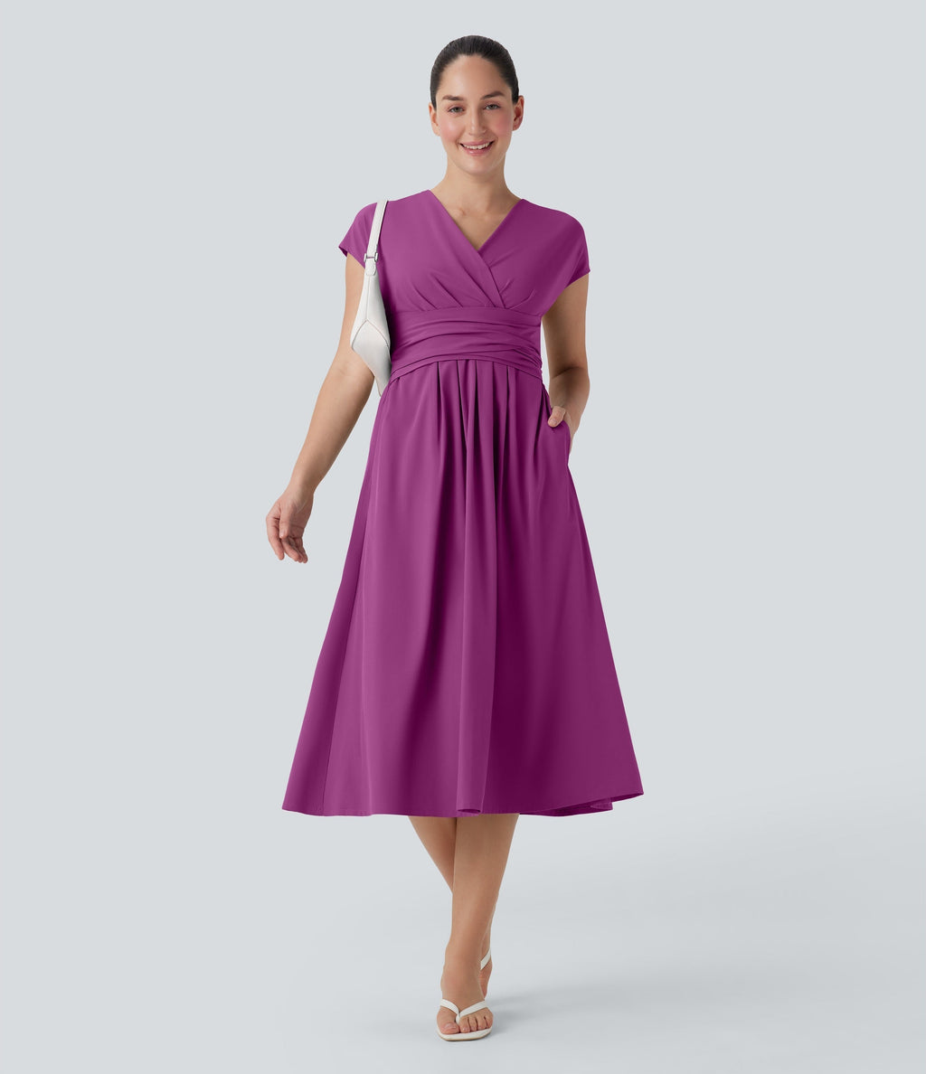 Casual midi dress, V-neck, short sleeves, side pockets, tie-back detail, quick-drying