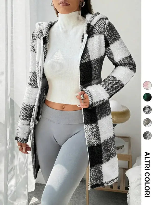 Women's  Plaid & Fluffy Trim Zip Front Hoodie Jacket, Ladies Casual In Fall/Winter